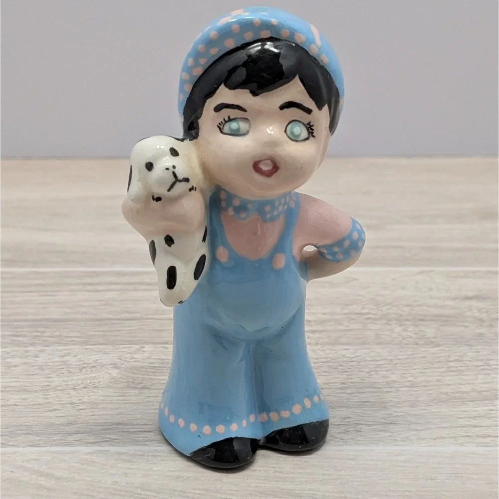 Vintage Hand Painted Ceramic Boy Figurine w/ Puppy Signed by Ferrell 4.25